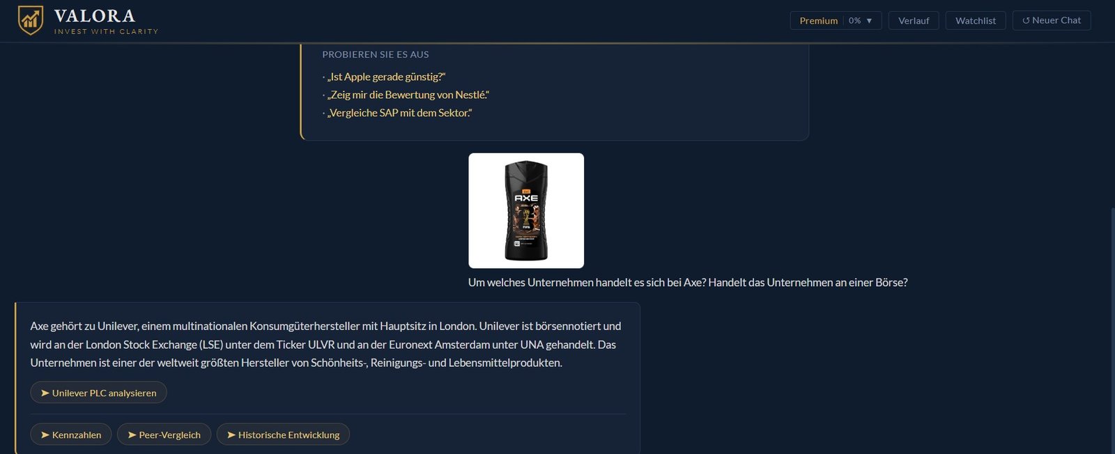 Valora AI Bildanalyse — Produktfoto wird automatisch erkannt und zur Aktienanalyse vorgeschlagen
