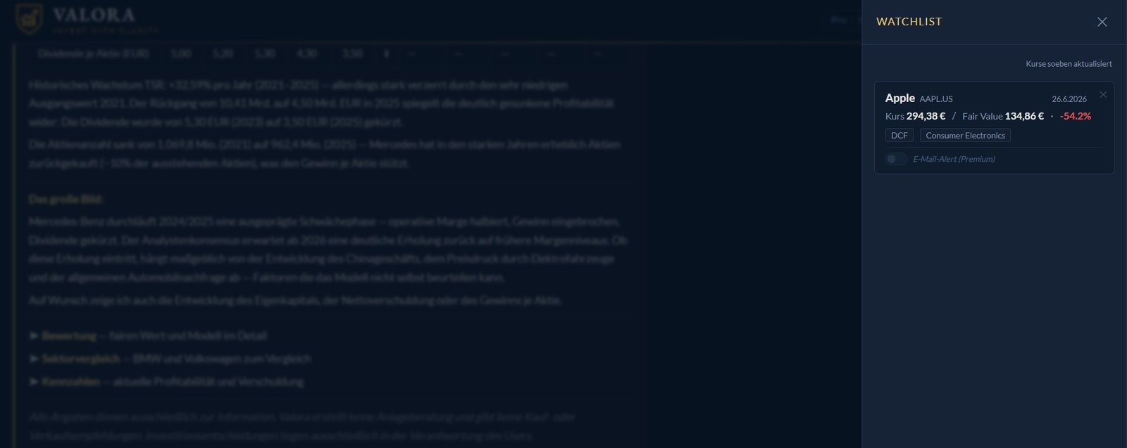 Valora AI Watchlist mit Fair-Value-Vergleich und E-Mail-Alert