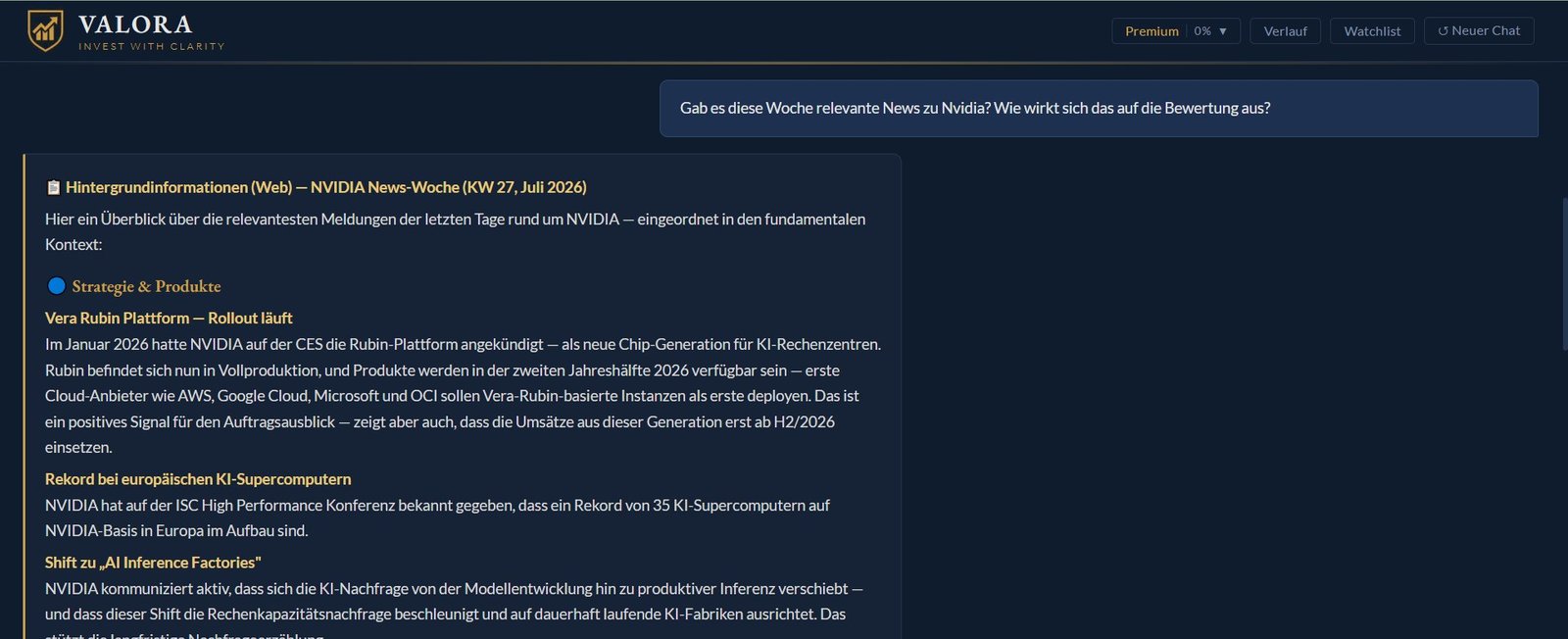 Valora AI Web-Recherche in Echtzeit mit aktuellen News